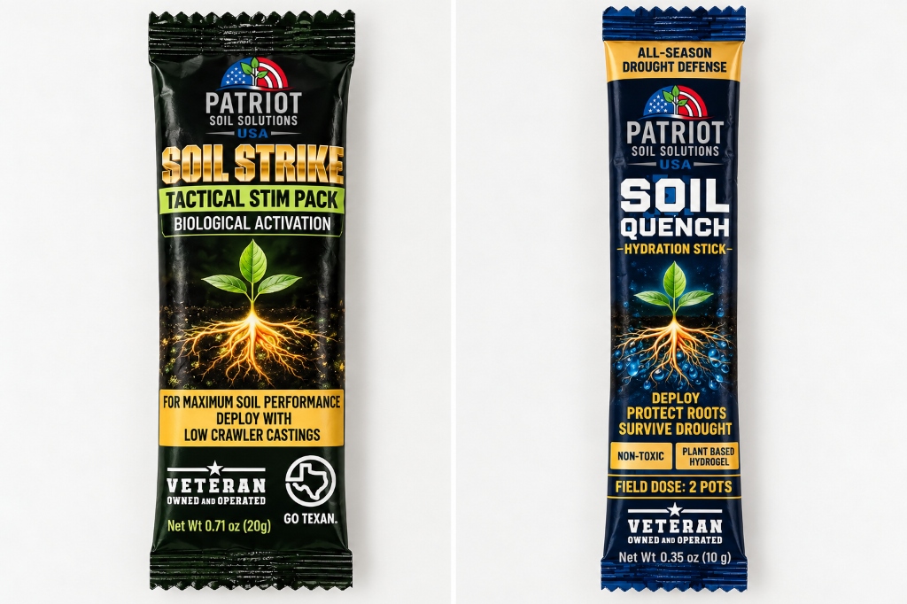 Soil Quench hydration sticks — Patriot Soil Solutions retail packaging
